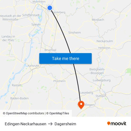 Edingen-Neckarhausen to Dagersheim map