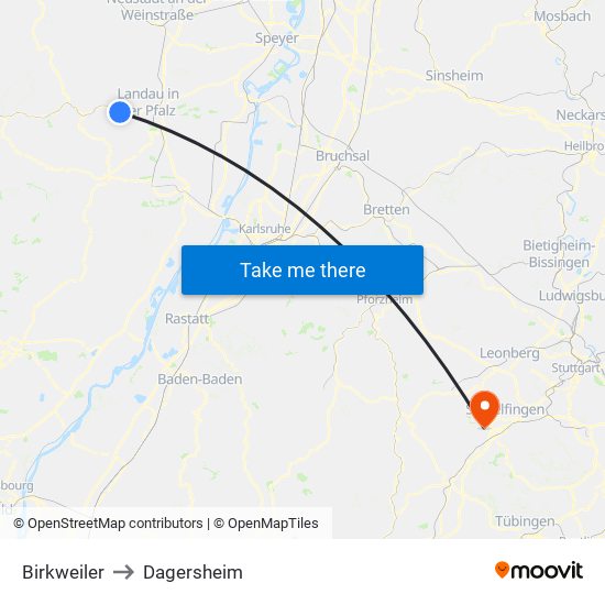 Birkweiler to Dagersheim map