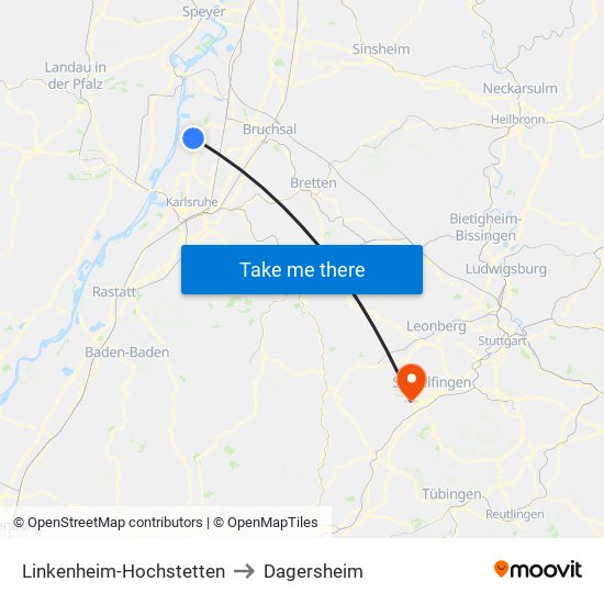 Linkenheim-Hochstetten to Dagersheim map