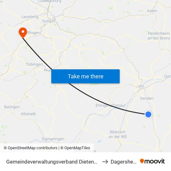 Gemeindeverwaltungsverband Dietenheim to Dagersheim map