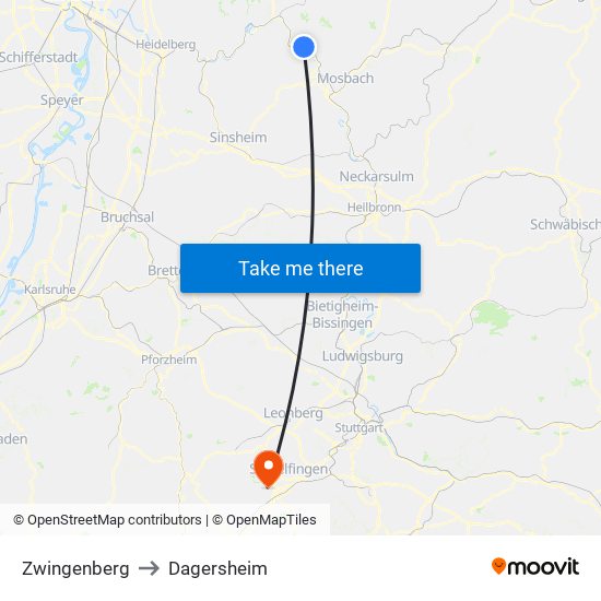 Zwingenberg to Dagersheim map