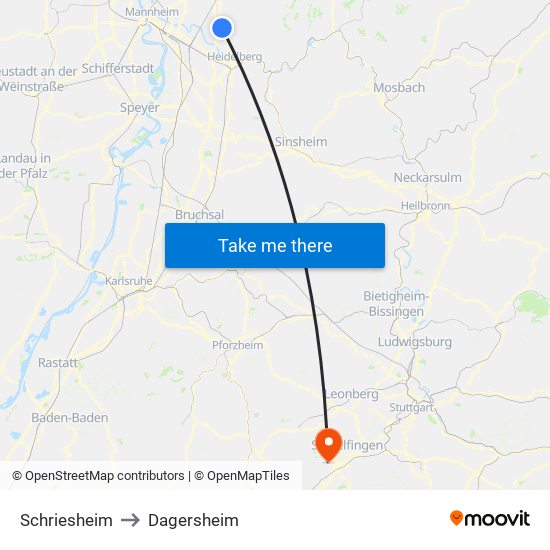 Schriesheim to Dagersheim map