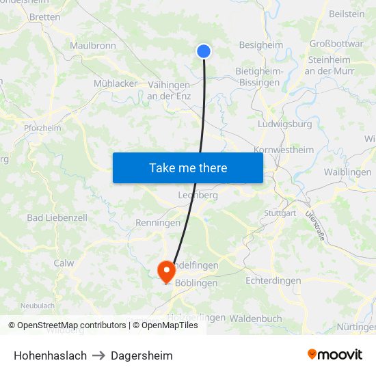 Hohenhaslach to Dagersheim map