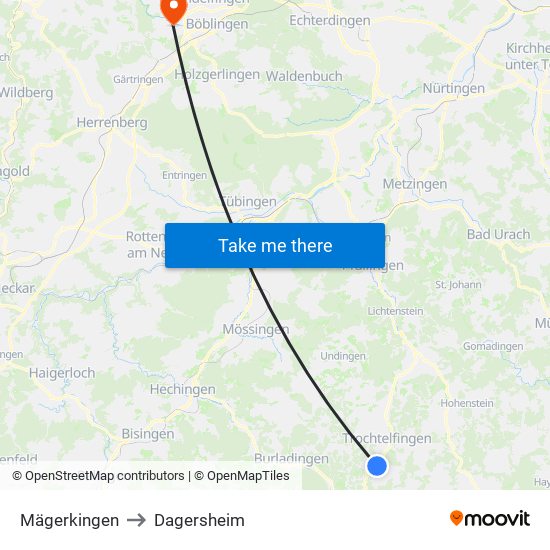 Mägerkingen to Dagersheim map