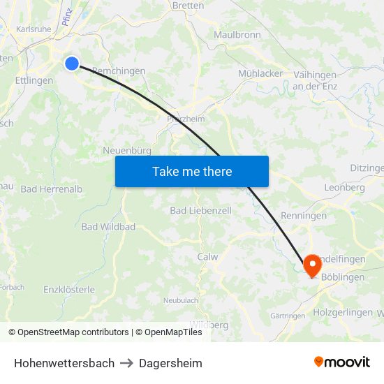 Hohenwettersbach to Dagersheim map