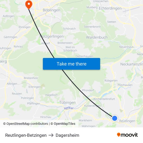 Reutlingen-Betzingen to Dagersheim map