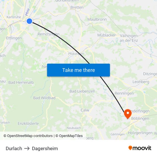 Durlach to Dagersheim map