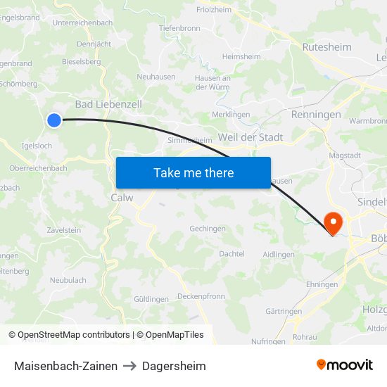 Maisenbach-Zainen to Dagersheim map