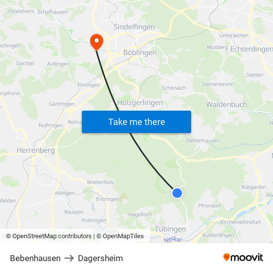 Bebenhausen to Dagersheim map