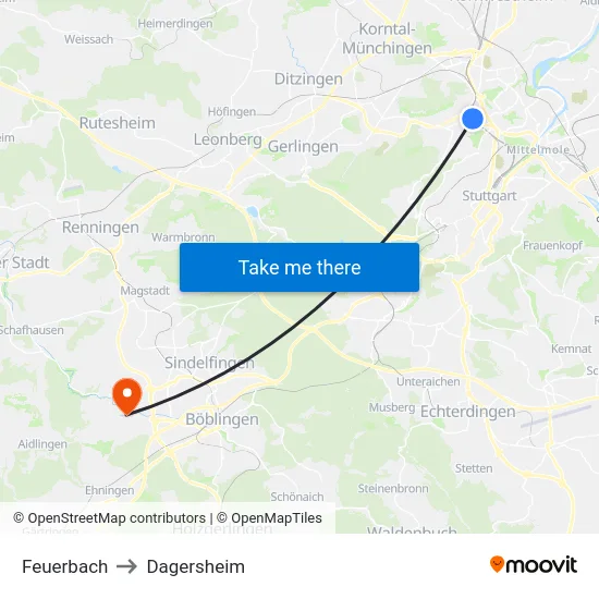 Feuerbach to Dagersheim map