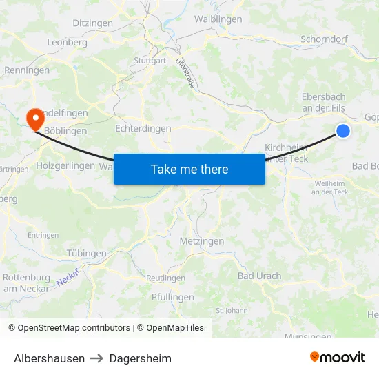 Albershausen to Dagersheim map