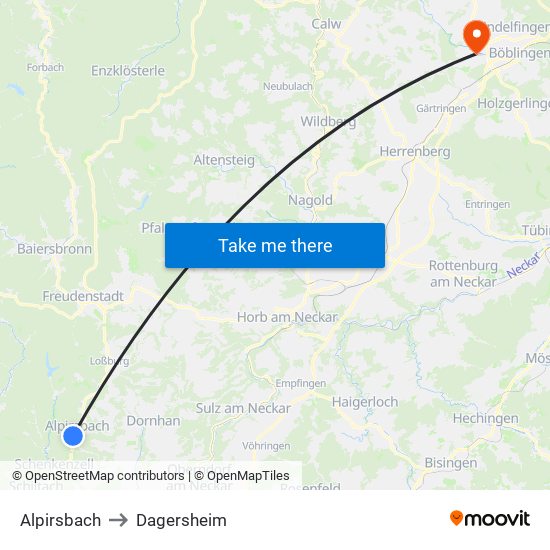 Alpirsbach to Dagersheim map