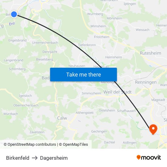 Birkenfeld to Dagersheim map