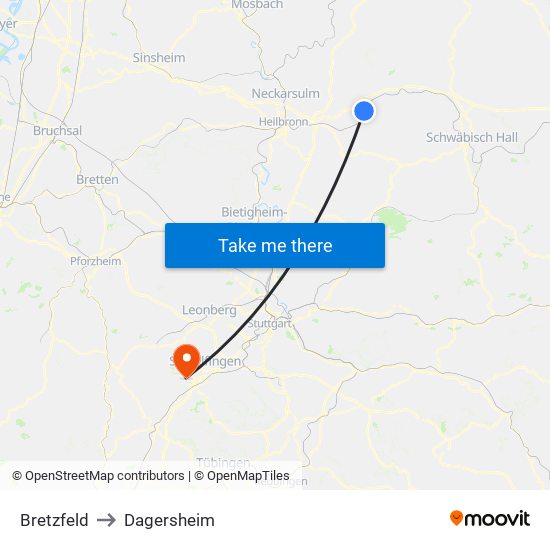 Bretzfeld to Dagersheim map