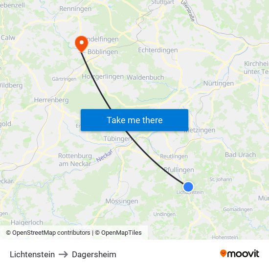 Lichtenstein to Dagersheim map