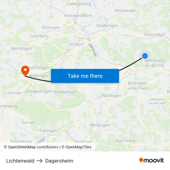 Lichtenwald to Dagersheim map