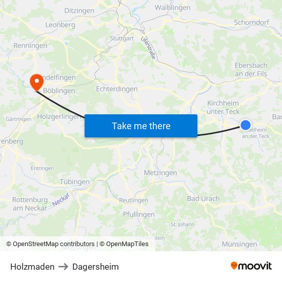 Holzmaden to Dagersheim map