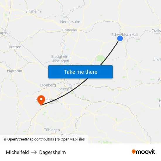 Michelfeld to Dagersheim map