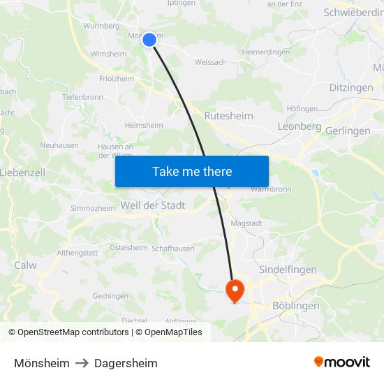 Mönsheim to Dagersheim map