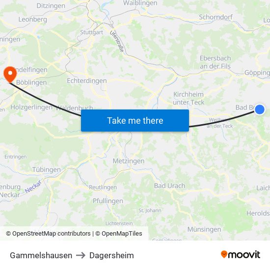 Gammelshausen to Dagersheim map