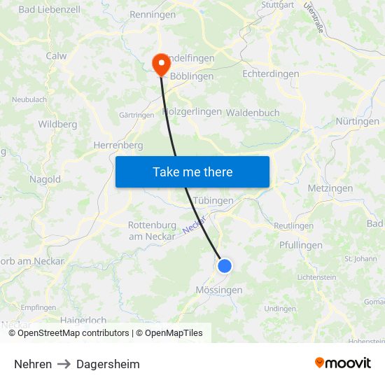 Nehren to Dagersheim map