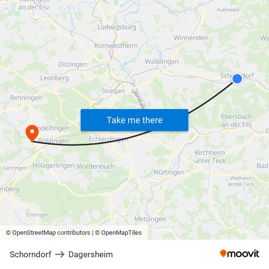 Schorndorf to Dagersheim map