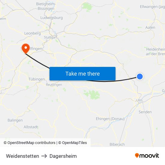 Weidenstetten to Dagersheim map