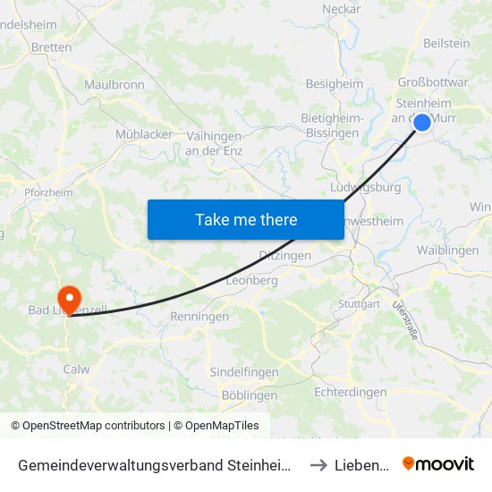 Gemeindeverwaltungsverband Steinheim-Murr to Liebenzell map