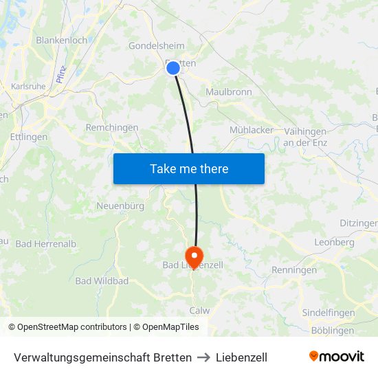 Verwaltungsgemeinschaft Bretten to Liebenzell map