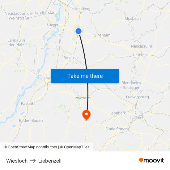 Wiesloch to Liebenzell map