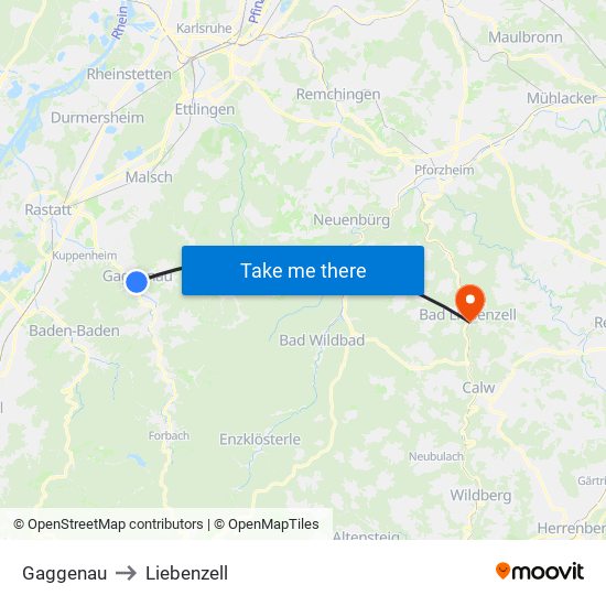 Gaggenau to Liebenzell map