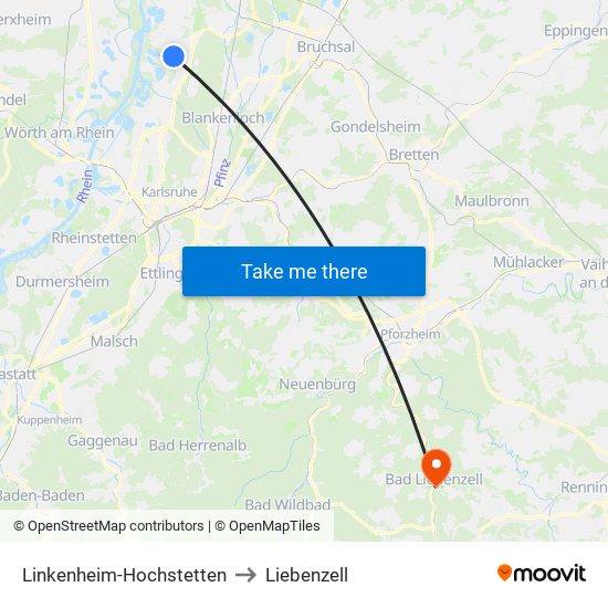 Linkenheim-Hochstetten to Liebenzell map