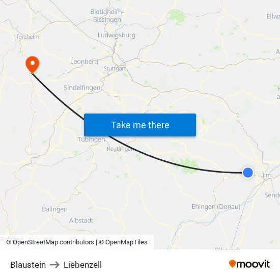 Blaustein to Liebenzell map