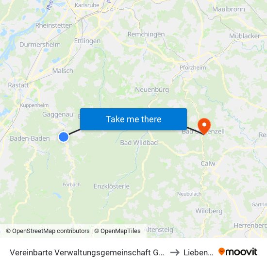Vereinbarte Verwaltungsgemeinschaft Gernsbach to Liebenzell map