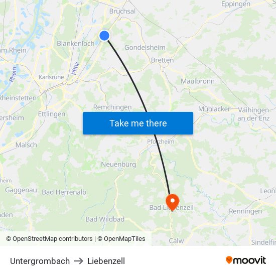 Untergrombach to Liebenzell map