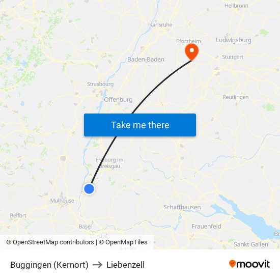 Buggingen (Kernort) to Liebenzell map