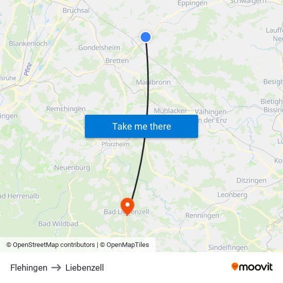 Flehingen to Liebenzell map
