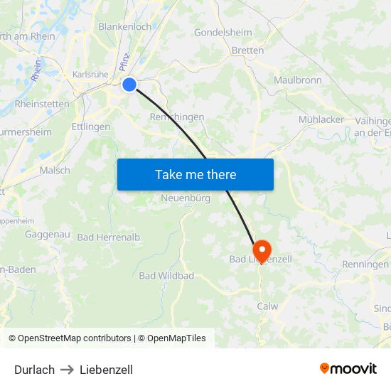 Durlach to Liebenzell map