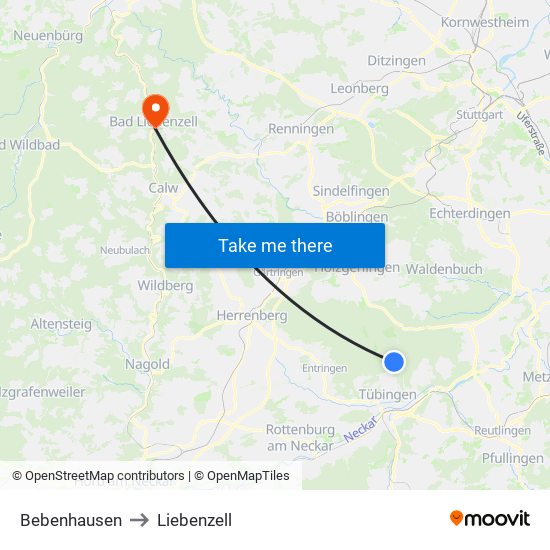 Bebenhausen to Liebenzell map