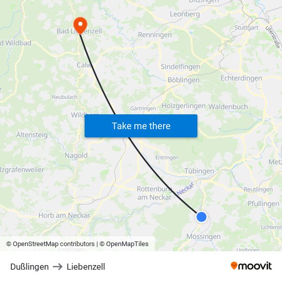 Dußlingen to Liebenzell map