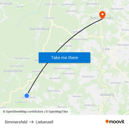 Simmersfeld to Liebenzell map