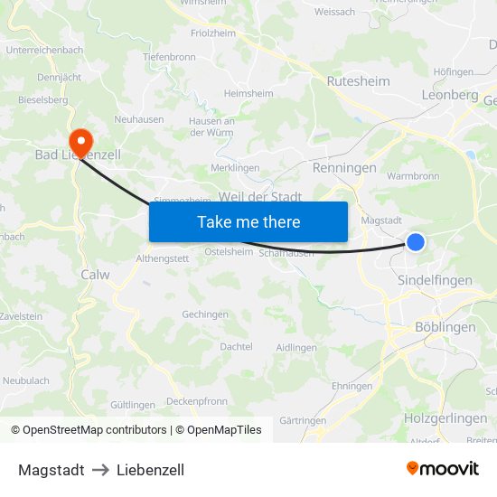 Magstadt to Liebenzell map