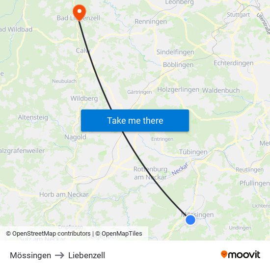 Mössingen to Liebenzell map