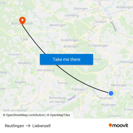 Reutlingen to Liebenzell map