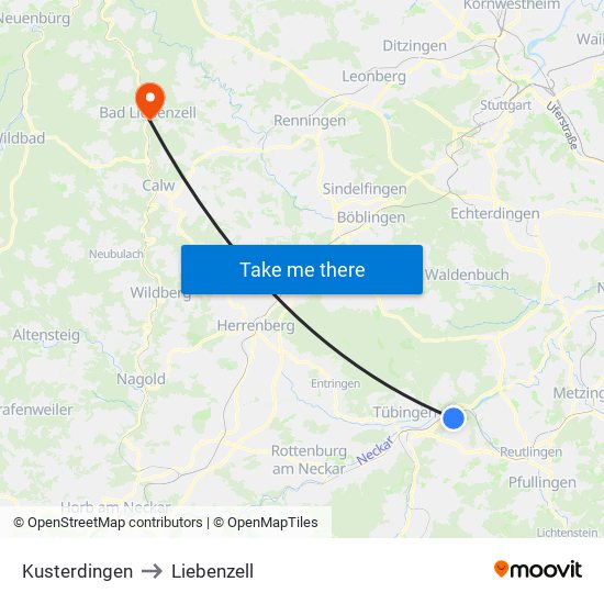 Kusterdingen to Liebenzell map