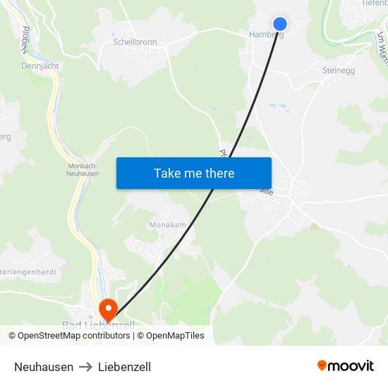 Neuhausen to Liebenzell map