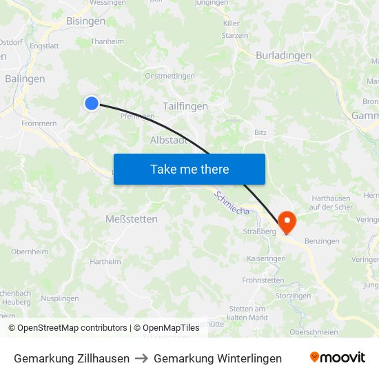 Gemarkung Zillhausen to Gemarkung Winterlingen map