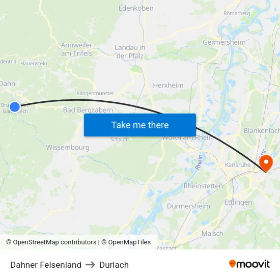 Dahner Felsenland to Durlach map