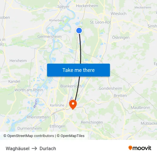 Waghäusel to Durlach map