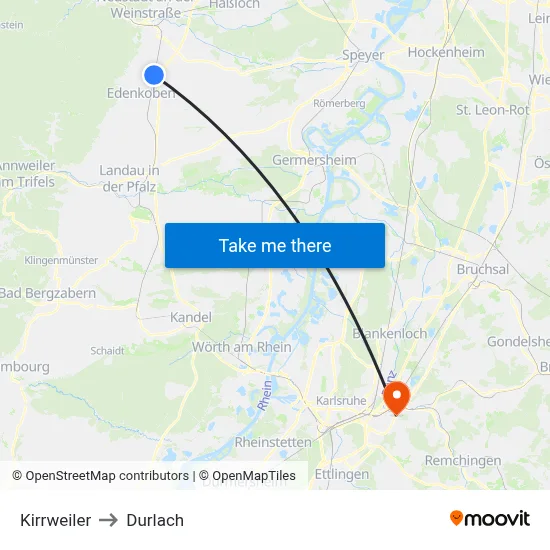 Kirrweiler to Durlach map